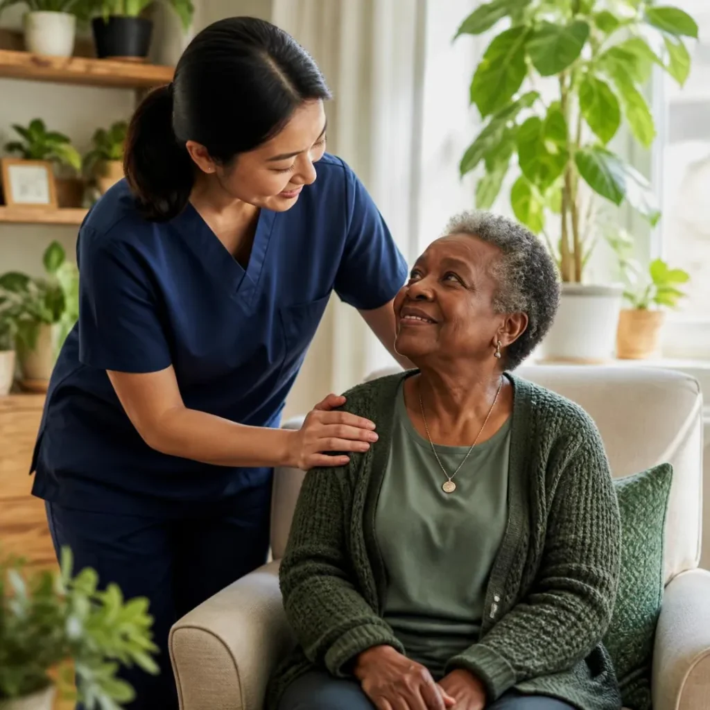 Care professional supporting an older woman receiving in-home lab draw services in Columbus, OH.