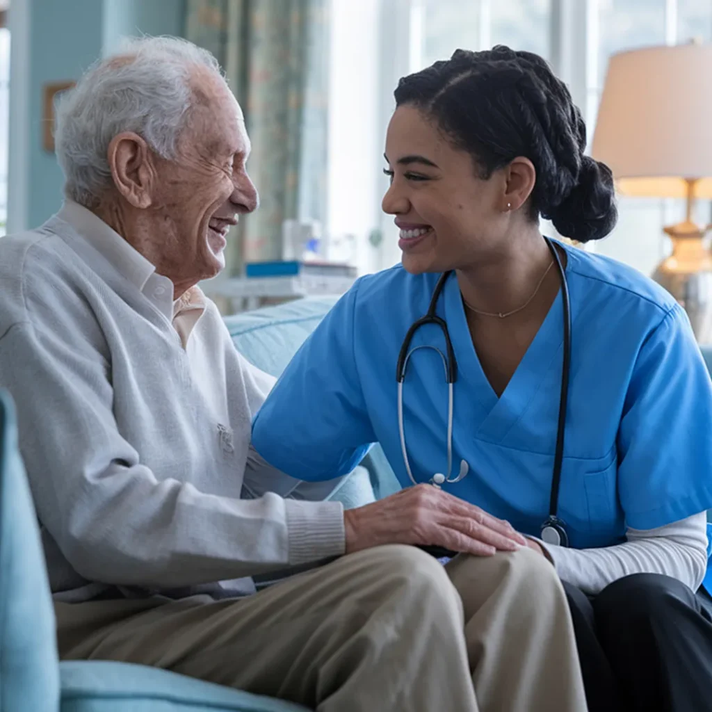 Home care professional supporting an older adult during speech therapy services in Columbus, OH.